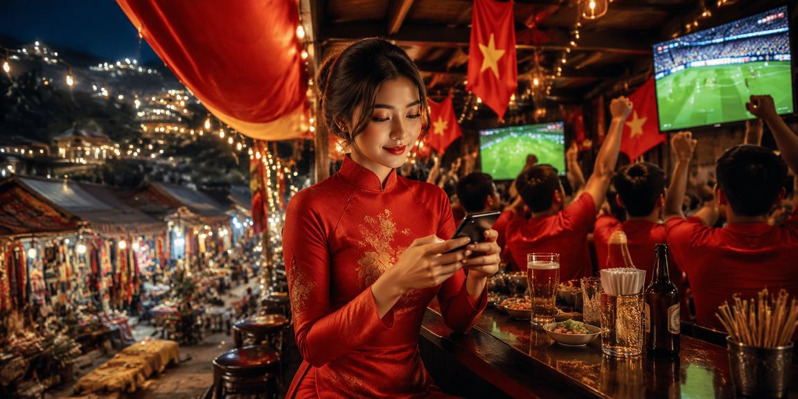 Người phụ nữ mặc áo dài trải nghiệm casino di động giữa khung cảnh núi rừng Sapa